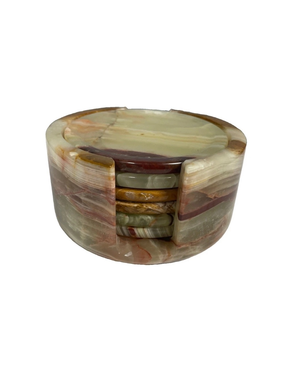 Banded Green Onyx Coaster Set of 6 with Holder, Anti Scratch, Surface Protection